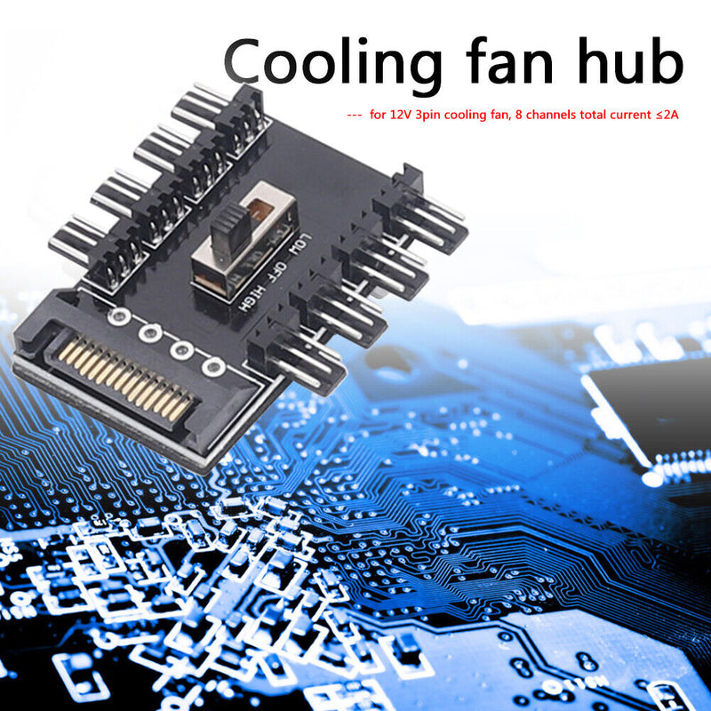 Splitter Cooling Fan Hub PC SATA 1 to 8 3Pin 12V Power Socket PCB Adapter