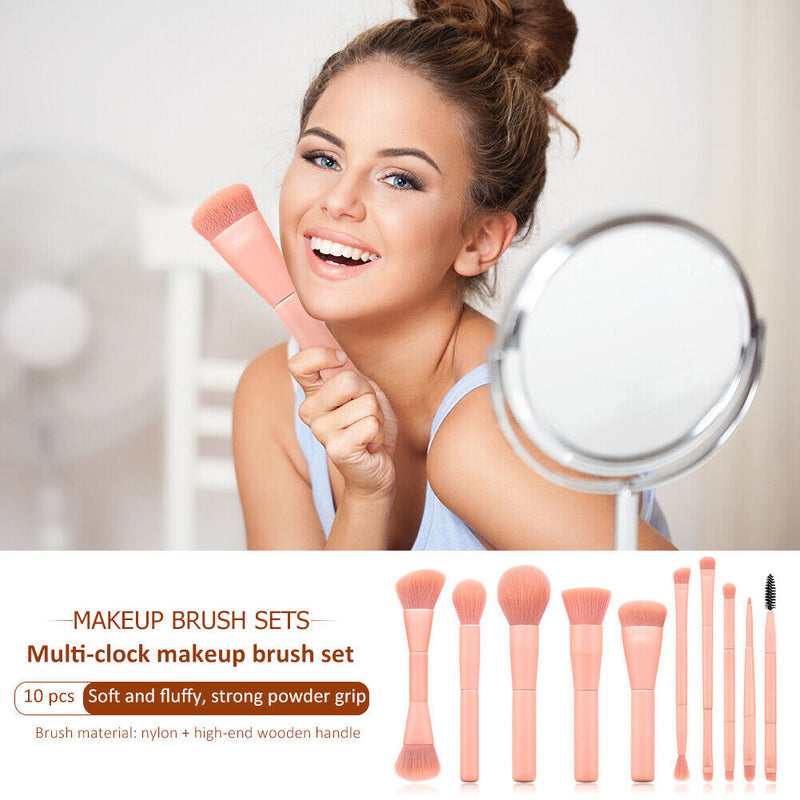 10pcs Wood Handle Pro Portable Powder Blush Brush Kit Eye Shadow Makeup Bru