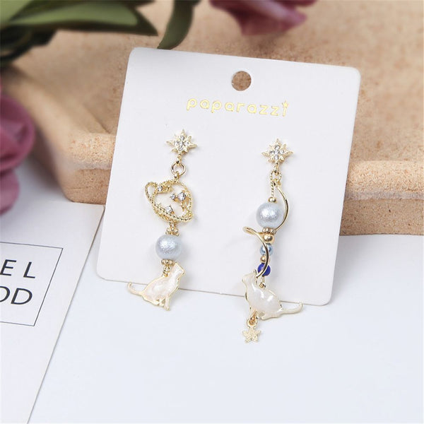 Elegant Jewelry Sweet Starlight Asymmetric Earrings Cute Cat Rhinestone Tassel