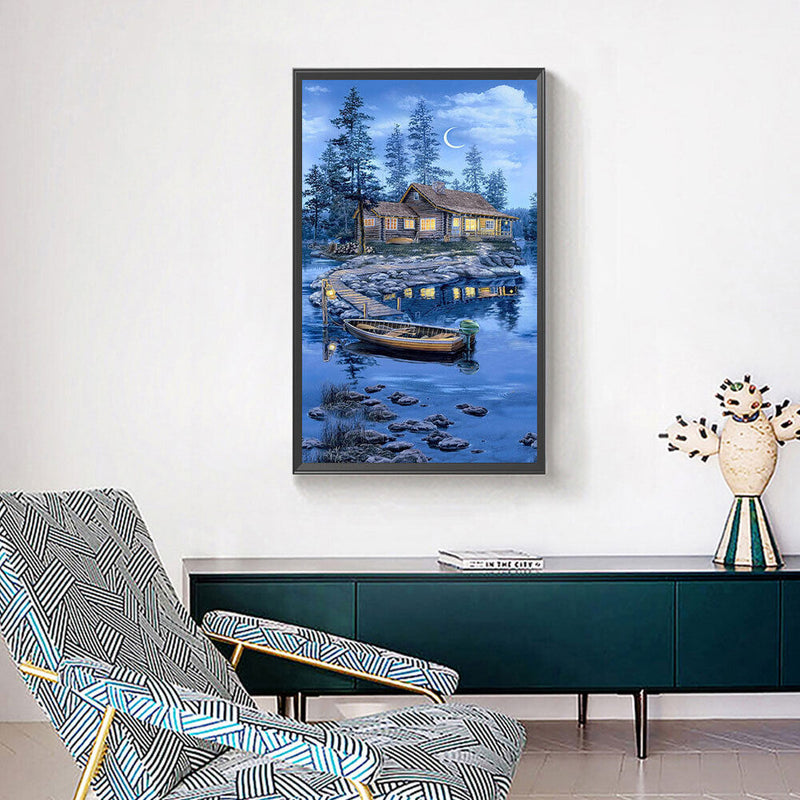 5D DIY Diamond Painting Crescent Lake House Kits Full Square Drill Wall Decor