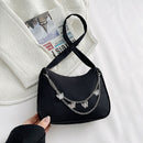 Women Solid Color Chain Messenger Bag Zipper Crossbody Bag (Black)