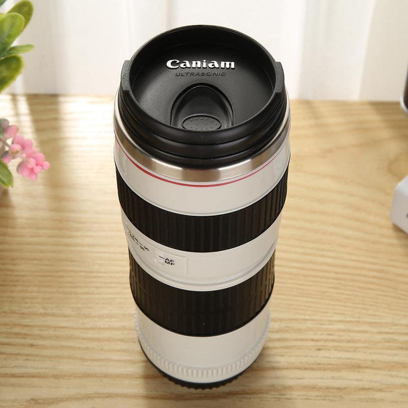 400mL Stainless Steel Coffee Tea Mug Camera Lens Shaped Water Cup with Lid Gifts