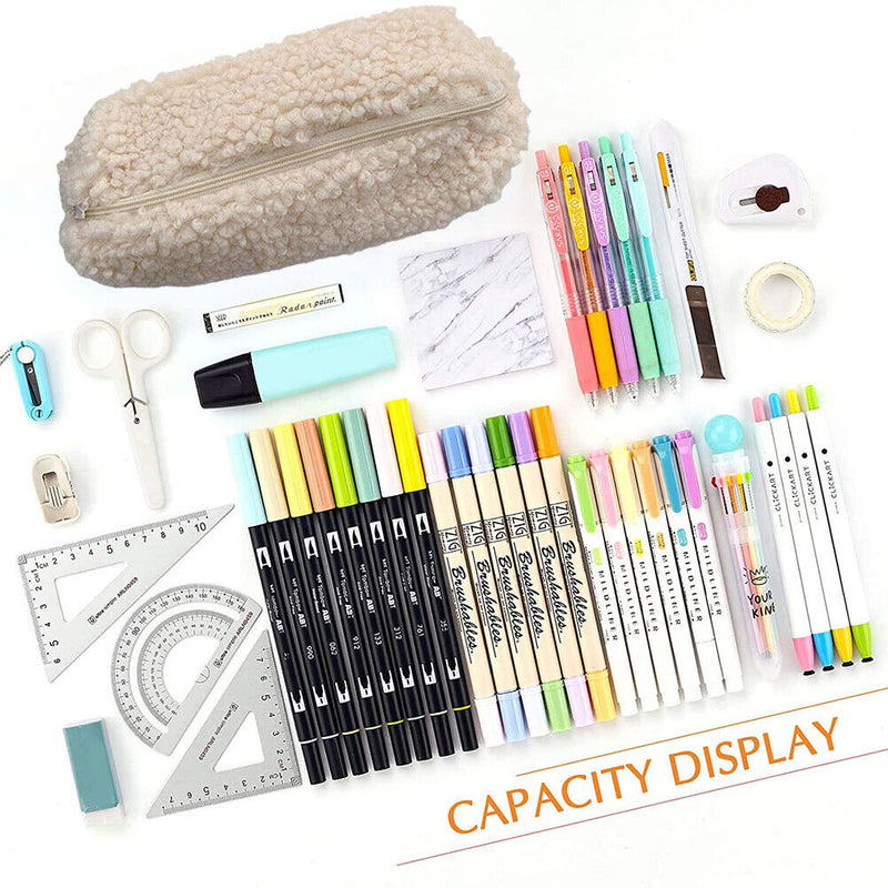 Stationery Storage Plush Pen Case Student School Cosmetic Organizer (White)