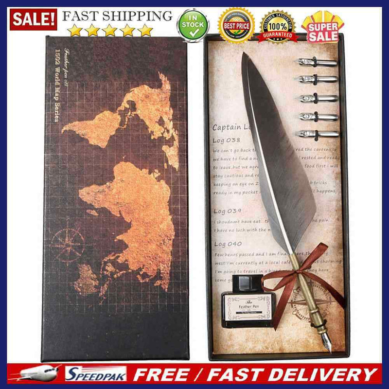 Retro Calligraphy Quill Feather Dip Pen Writing Ink Set Birthday Gifts(Grey