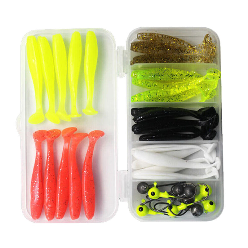 40pcs Soft Fishing Lure Kit Jig Head Hook Artificial T Tail Bait with Tackle Box