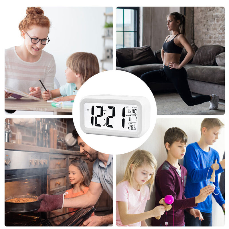 Temperature Alarm Clock LED Digital Backlight Calendar Snooze Clock (White)