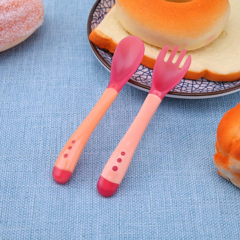 Baby Feeding Safety Soft Spoon Fork Set Temperature Sensing Flatware(Pink)