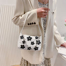Women Chain Underarm Shoulder Bag Canvas Flower Print Handbags Tote (Black)