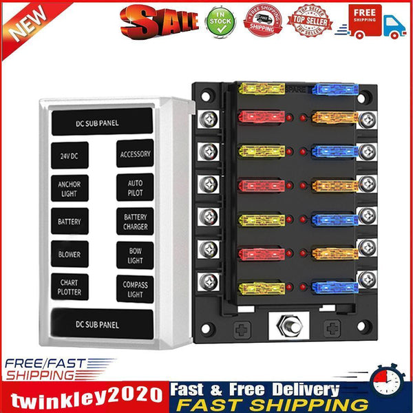 32V DC 12-Way Fuse Box Dual-Use Cover Blade Fuse Block Holder for Car Boat Newly