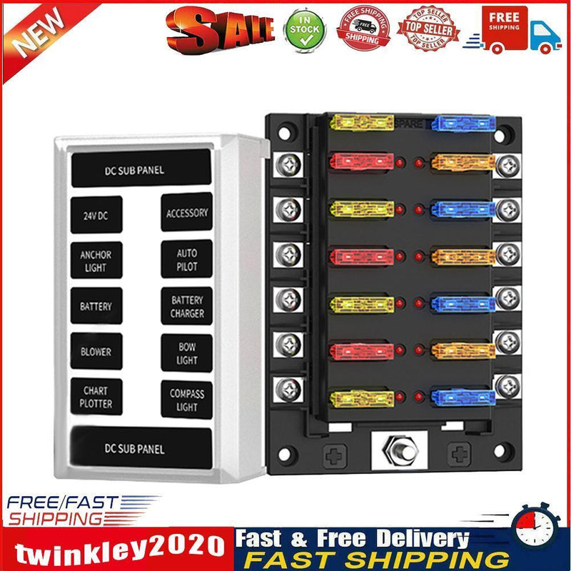 32V DC 12-Way Fuse Box Dual-Use Cover Blade Fuse Block Holder for Car Boat Newly