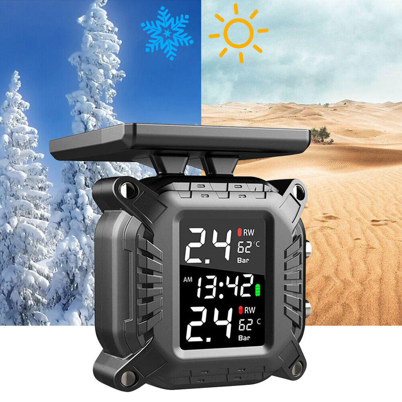 Solar LCD Motorcycle TPMS External Sensor Tire Pressure Monitoring Alarm System