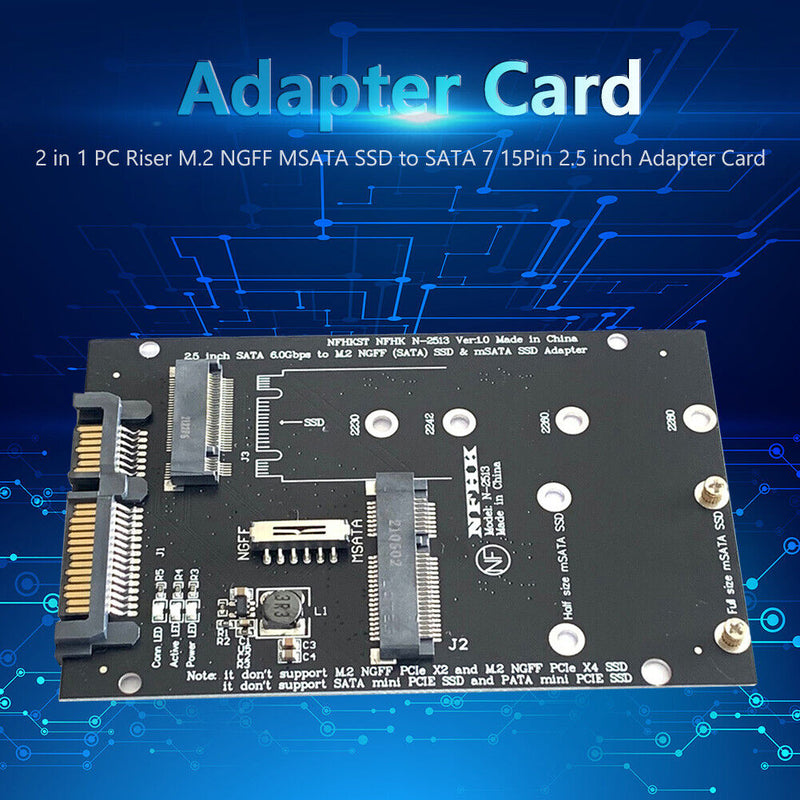 M.2 MSATA SSD to SATA 7 15Pin 2.5"" Adapter Card 2 in 1 Computers Converter