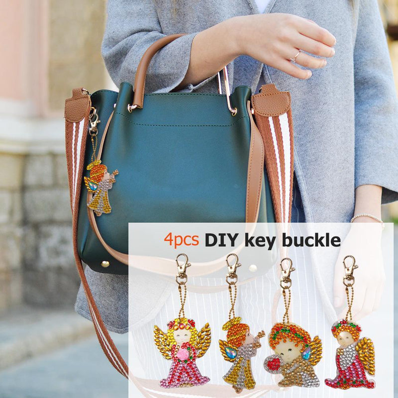 4pcs DIY Full Drill Diamond Paintng Girl Angle Style Special Shape Keychain Gift