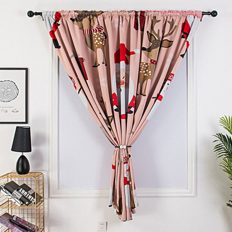 Window Curtain Pink Base Elk Santa Painting Polyester Room Christmas Decoration