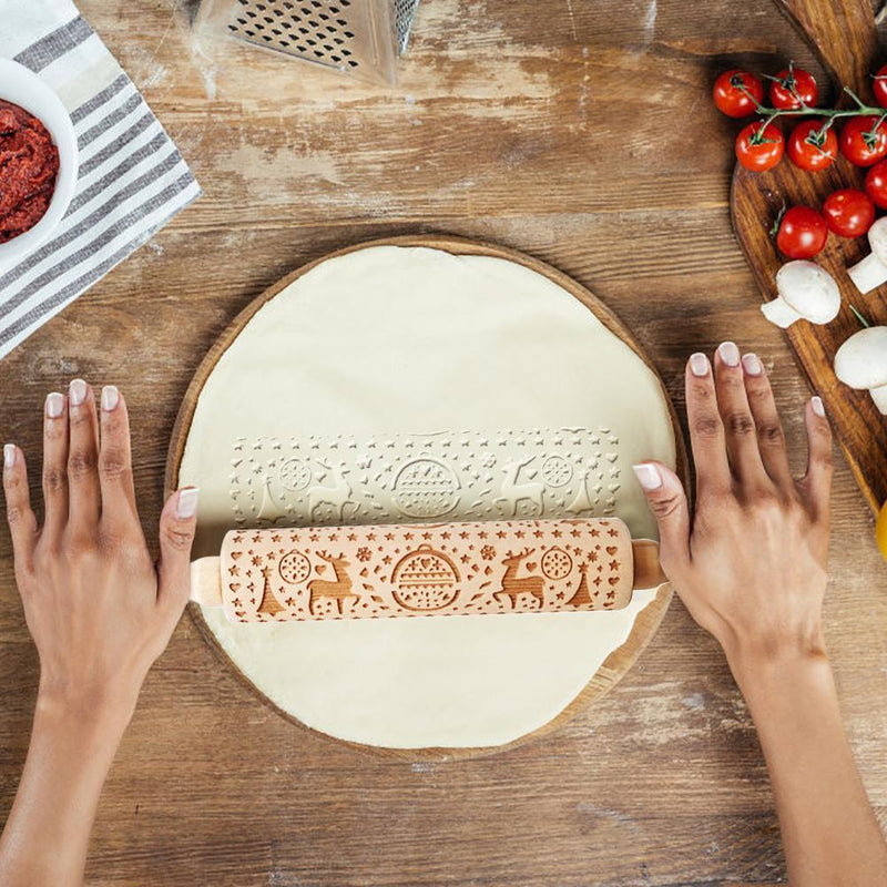 Wooden Snowflake Elk Embossed Rolling Pins Embossing Baking Cookies Biscuit