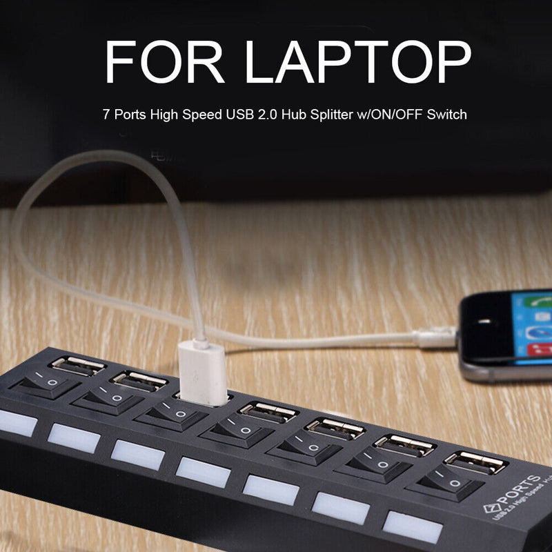 7 Ports High Speed USB 2.0 Hub Splitter w/ON/OFF Switch for Laptop (Black)