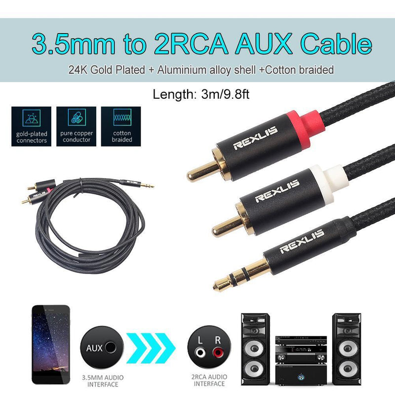 3.5mm Jack Male to 2 RCA Aux Cable Cotton Braided for Home Theater (3 m)