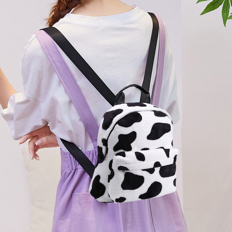 Fashion Winter Fluffy Women Soft Plush Printed Cow Backpack Girls School Bags