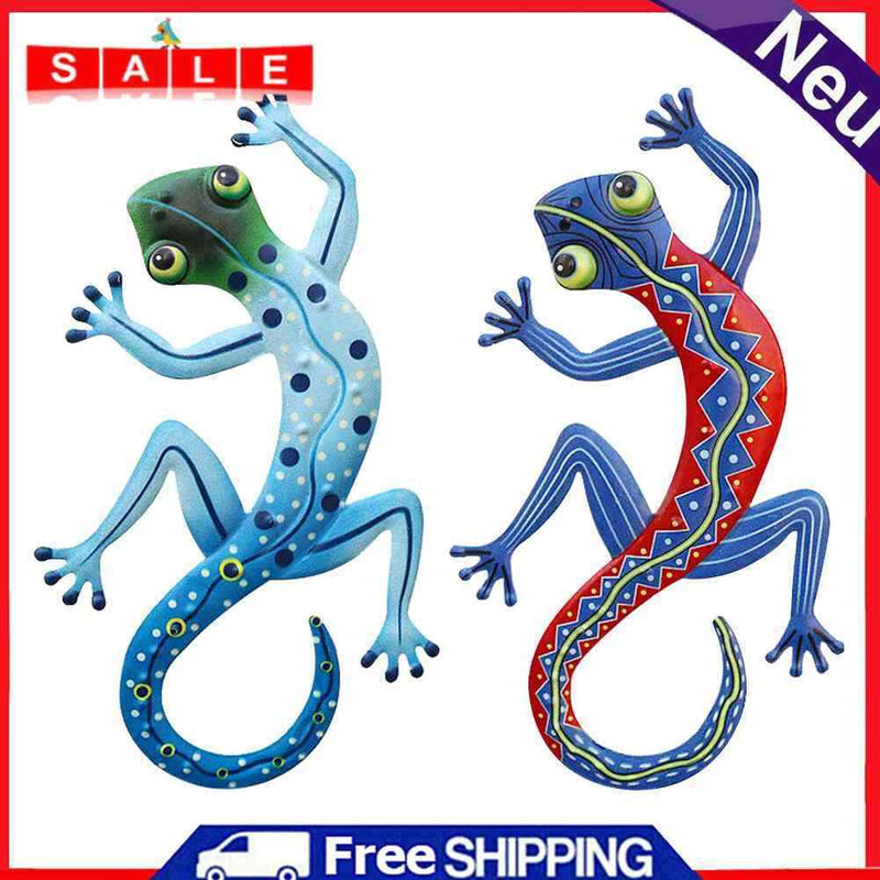 2pcs Wrought Iron Sculptures Gecko Outdoor Garden Wall Hanging Metal Gecko Decor