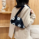 Women Soft Warm Plush Flower Pattern Handbags Female Travel Fluffy Underarm Bags