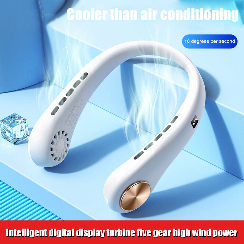 USB 3000mAh LED Digital Display Hanging Neck Fan Summer Air Cooling (White)