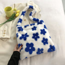 Fashion Women Flower Print Plush Shoulder Bag Winter Large Handbags (Blue)