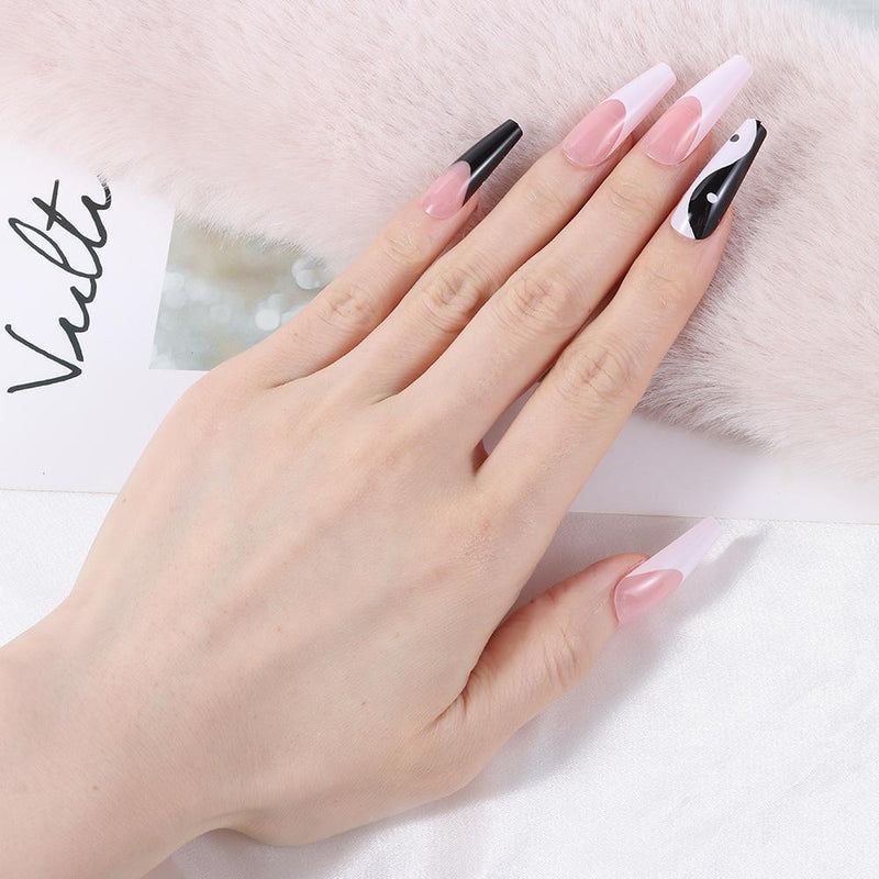 with Taichi Design Long Coffin False Nail Tips White and Black Mixed Colors