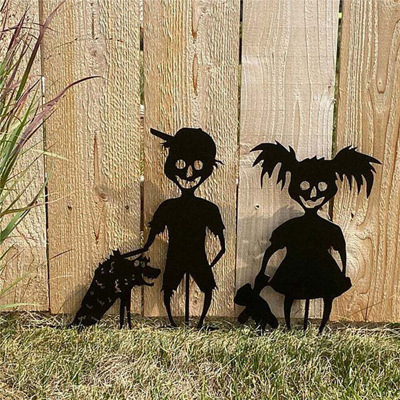 Evil Children Metal Silhouette Lawn Outdoor Plug-in Garden Sign Statue Decor