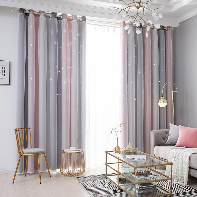 Gradient Hollow Star Curtain Bedroom Full Blackout Window Drapes (Grey)