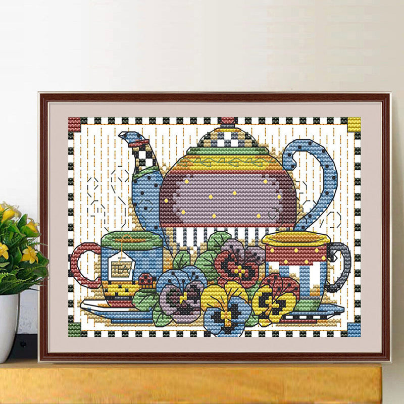 Tea Set Partial Cross Stitch 14CT Cotton Thread Printed Embroidery Kits