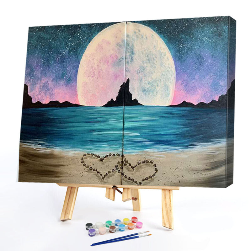 2 Panels Beach Hearts Moon Oil Paint By Numbers Wall Art Craft Home Decorat