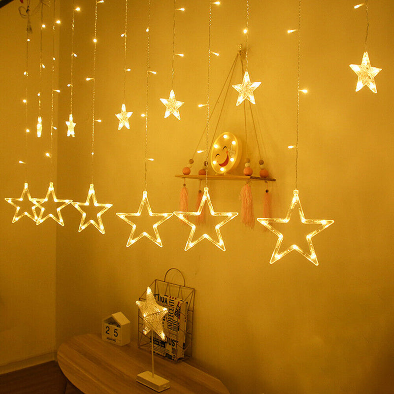 LED Curtain String Light 8Mode Star Moon Plug Night Light  (EU Warm Light)