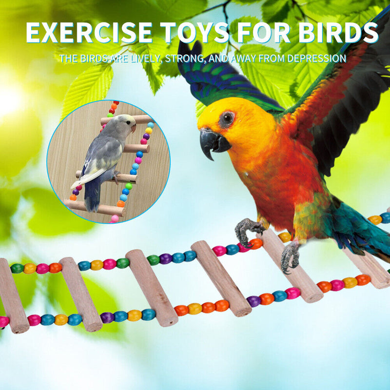 Wooden Parakeets Perch Stand Holder Bird Hanging Colorful Ball Climbing Stairs