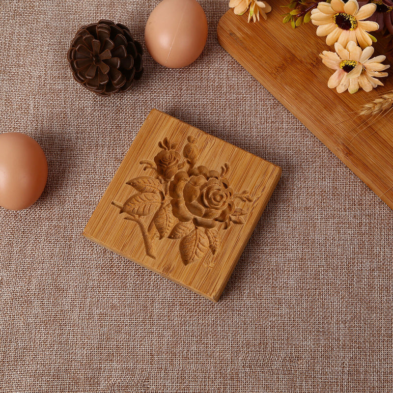 Wooden Cookie Mold Flower Pine Cone Shape Carved Stamp for Biscuit Baking Too