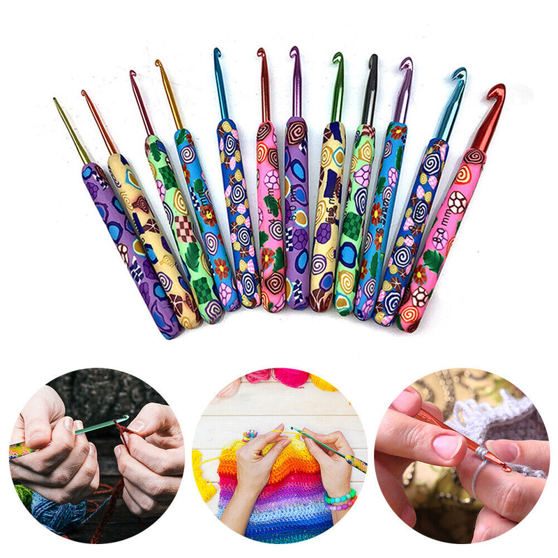 12pcs Ceramic Handle Knitting Needles Aluminum Crochet Hooks Set DIY Craft Tools