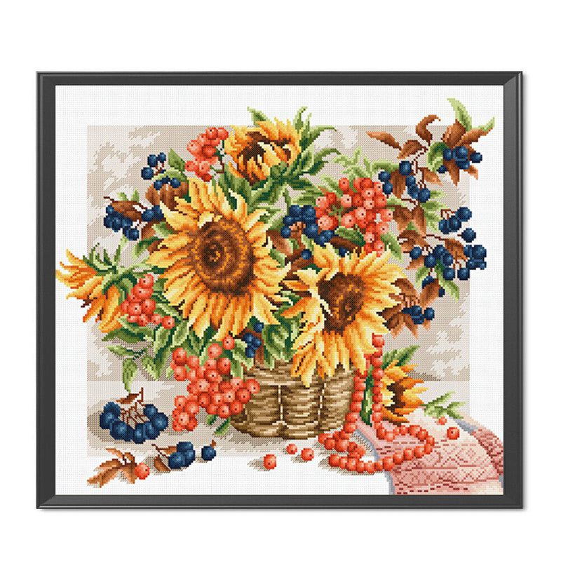 11CT Full Cross Stitch Sunflower Basket Counted DIY Embroidery Kit Cotton T