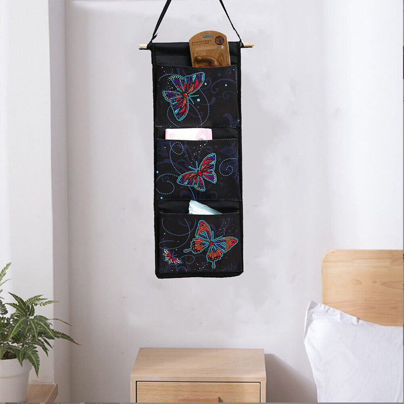 Butterfly Diamond Painting Wall Hanging Storage Bag 3 Pockets Black (AA991)