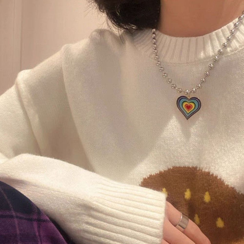 Women Hip Hop Chain Clavicle Chain Heart Shape Necklace Round Bead Necklace