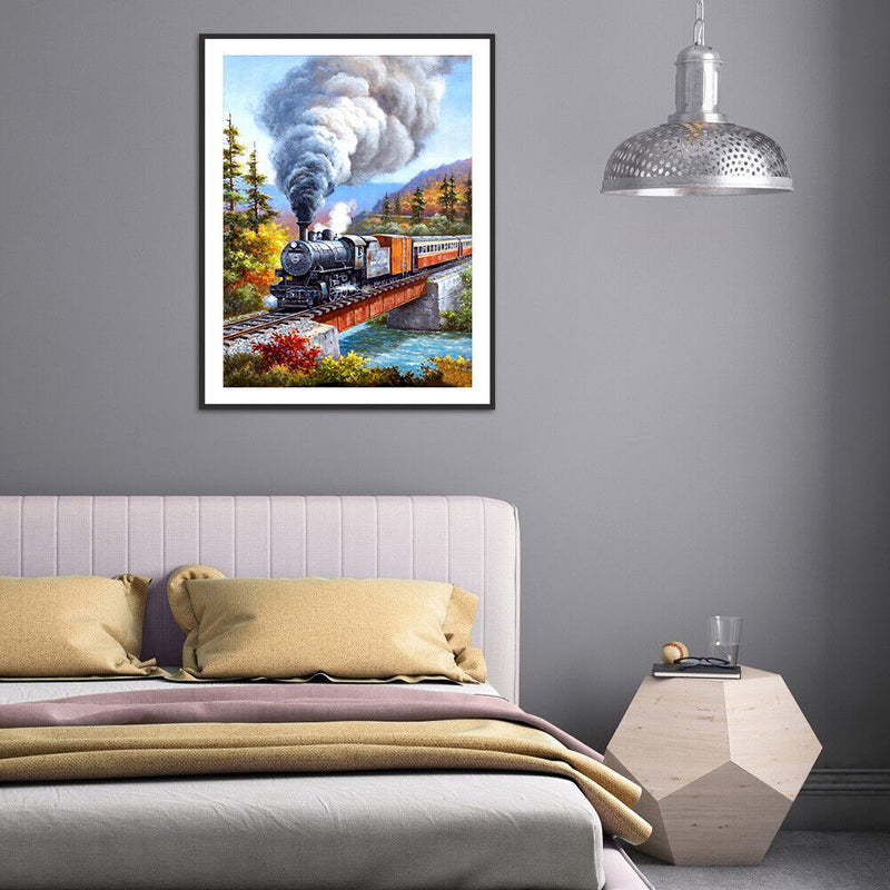 5D DIY Full Drill Round Shape Train Scene Rhinestone Diamond Drawing Home Decor