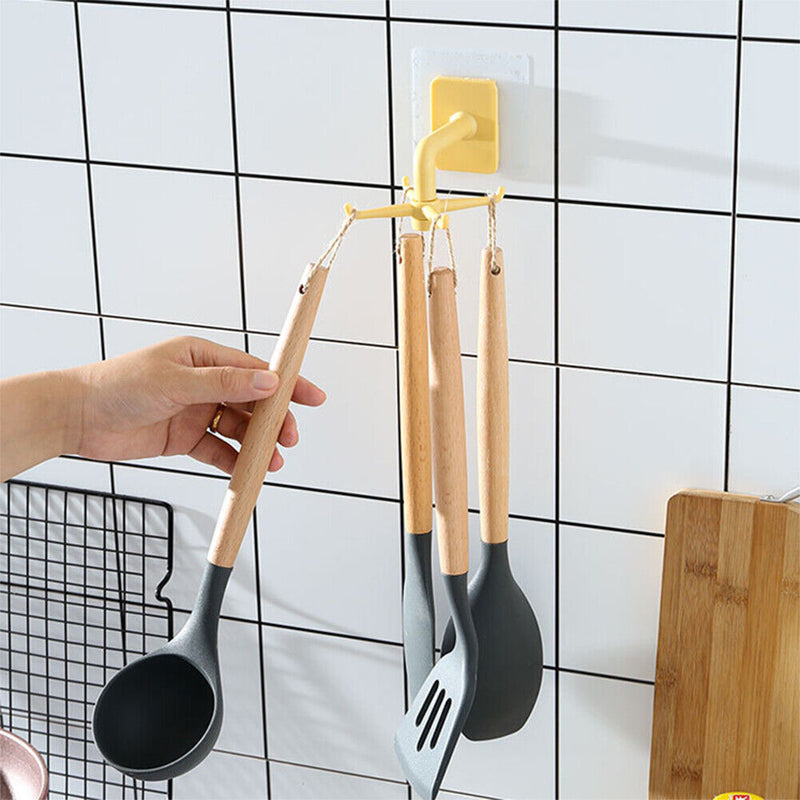 360 Degrees Rotated Kitchen Hooks Adhesive 6 Hooks Wall Door Clothes Bag Hanger