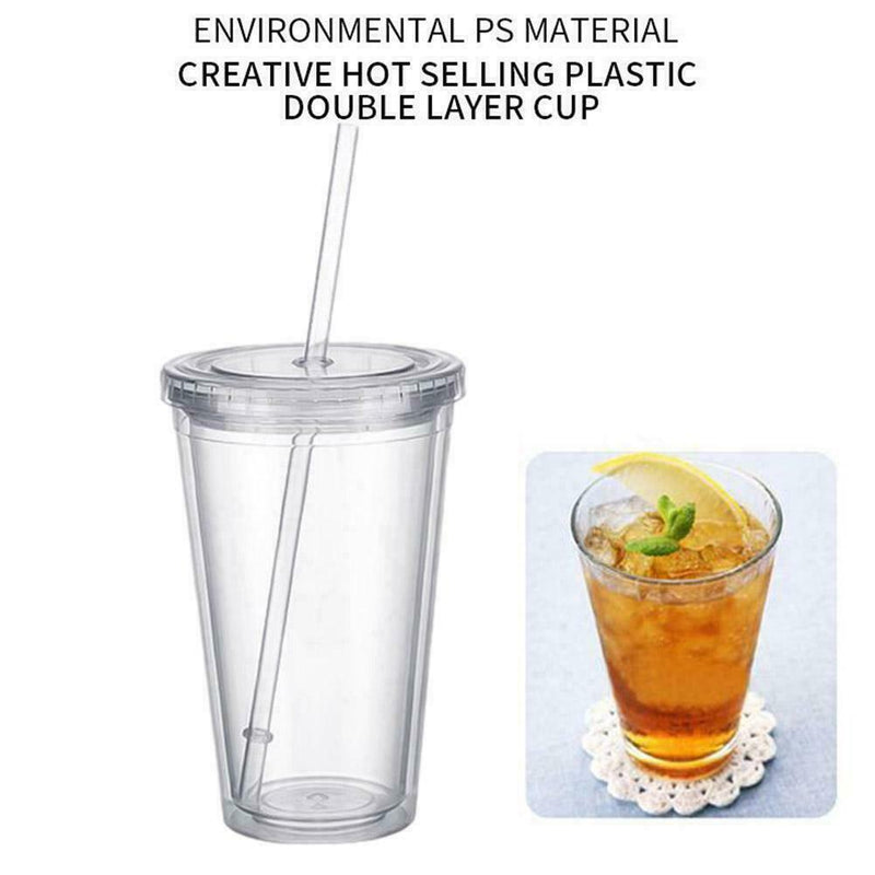 16OZ Double-Walled Cups Plastic Clear with Lid and Insulated 480ml Straw S0R4