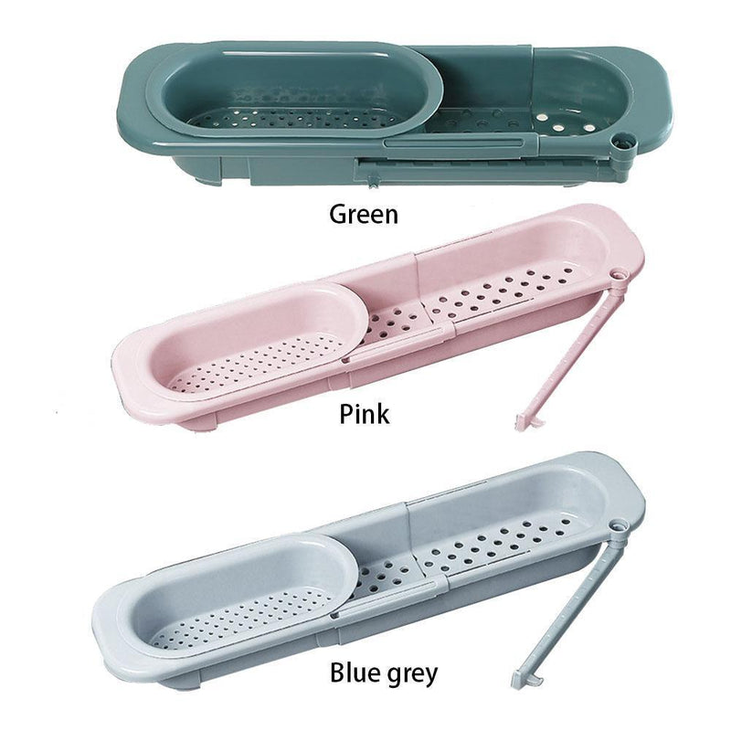 Telescopic Sink Shelf Soap Sponge Holder Drainer Storage Basket (Blue Gray)
