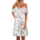 Floral Print Ruffles Knee-length Dress Women Backless Halter Dress(White L)