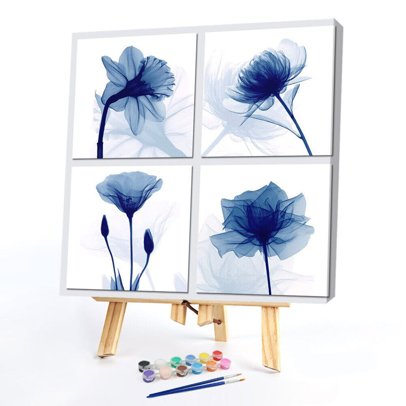4 Blue Flowers Oil Paint By Numbers DIY Coloring Picture for Adults Child Panels