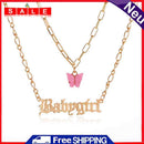 Fashion Double Layer Choker Letters Butterfly Women Lady Pendant Chain Necklace
