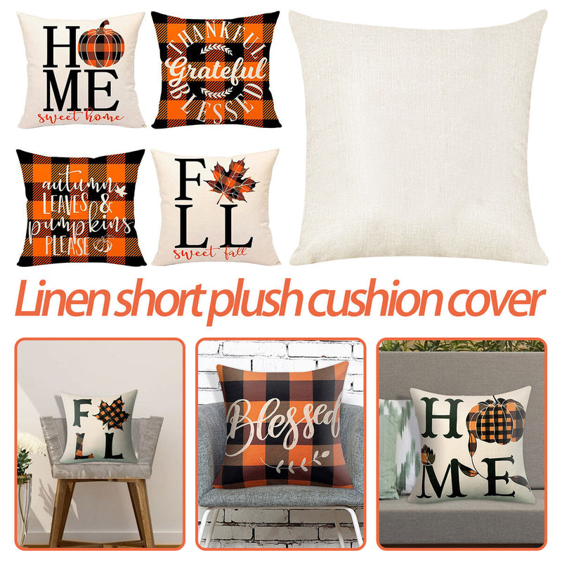 Throw Pillow Covers - 4-Piece Pumpkin Maple Leaf Plaid Print Zipper Pillowcase