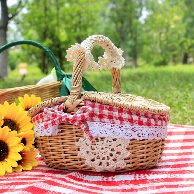 Small Picnic Wicker Basket Camping Fruit Food Rattan Hamper (Red Lattice) Newly