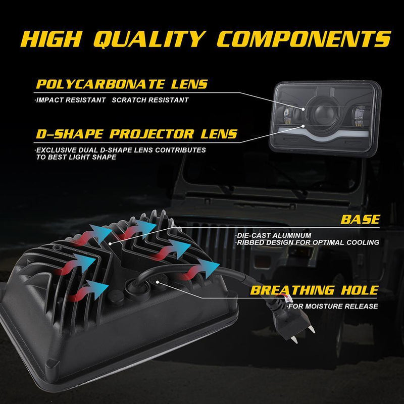 Generic 4"" x 6"" 150W LED Headlights Hi-Lo Red DRL Sealed Beam for Car