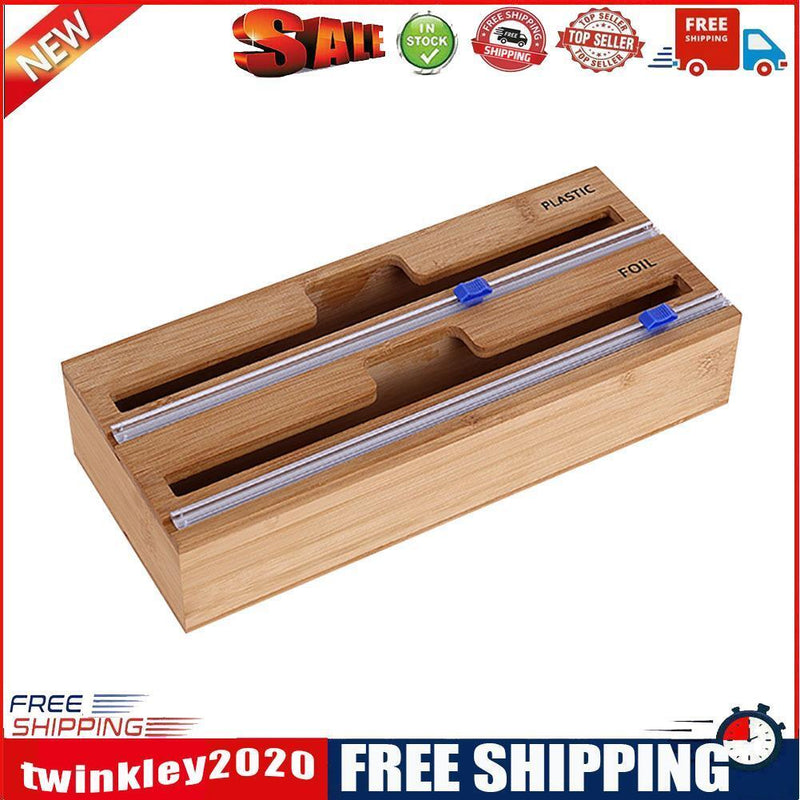 Cling Film Dispenser Wrap Tin Foil Cutter Wooden Storage Organizer (2 Grid)