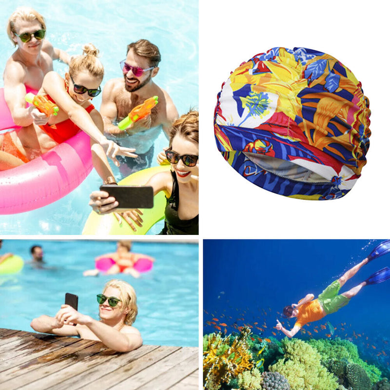 Pleated Swim Cap Long Hair Stretch Elastic Nylon Swimming Bathing Cap for W